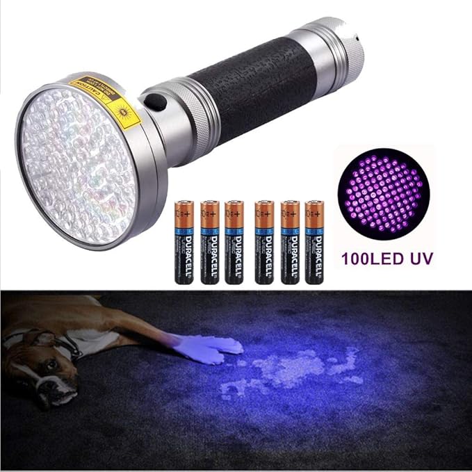 amiciKart 18W 100 LED UV 395nm Wavelength Ultraviolet Urine and Stain Detector Torch with 6 Duracell Battery