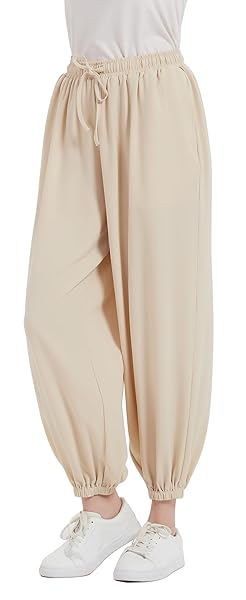 TRONJORI WOMENS BAGGY ELASTIC WAISTBAND PANTS HIGH WAIST CASUAL WIDE LEG LOOSE TROUSERS DRAWSTRING CINCH BOTTOM(S, BEIGE)