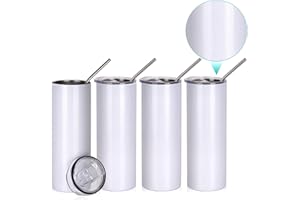 PYD Life Sublimation Tumbler Blanks Skinny 20 OZ Crackle Finish White Tumbler Cups Stainless Steel with Leakproof Lid and Stainless Straw for Tumbler Heat Press Printing 4 Pack