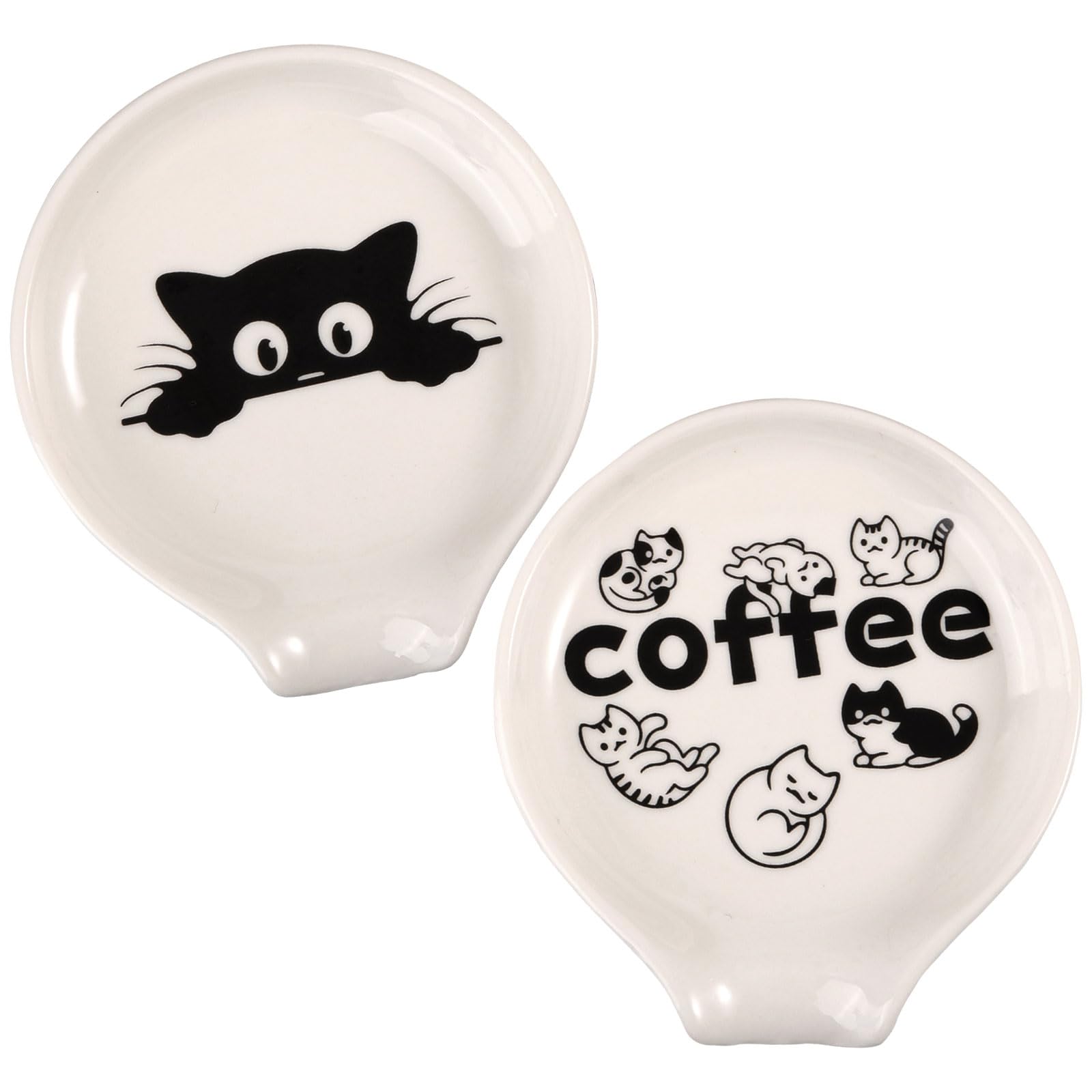ORIGACH 2 Pcs Cat Coffee Ceramic Spoon Rest White Spoon Holder for Counter Coffee Porcelain Spoon Holders for Home Kitchen Countertop or Stove Top - Microwaves Oven Dishwasher Safe