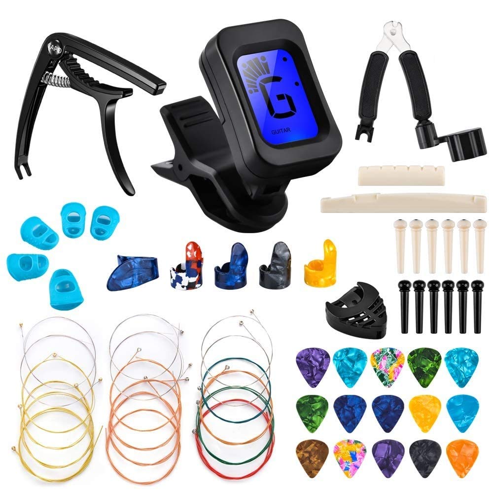 Olycism Guitar Accessories Kit - 61 PCS Tools Set Including Picks, Capo, Tuner, Strings, 3 in 1 String Winder, Bridge Pins, Bone Bridge Saddle and Nut, Finger Picks