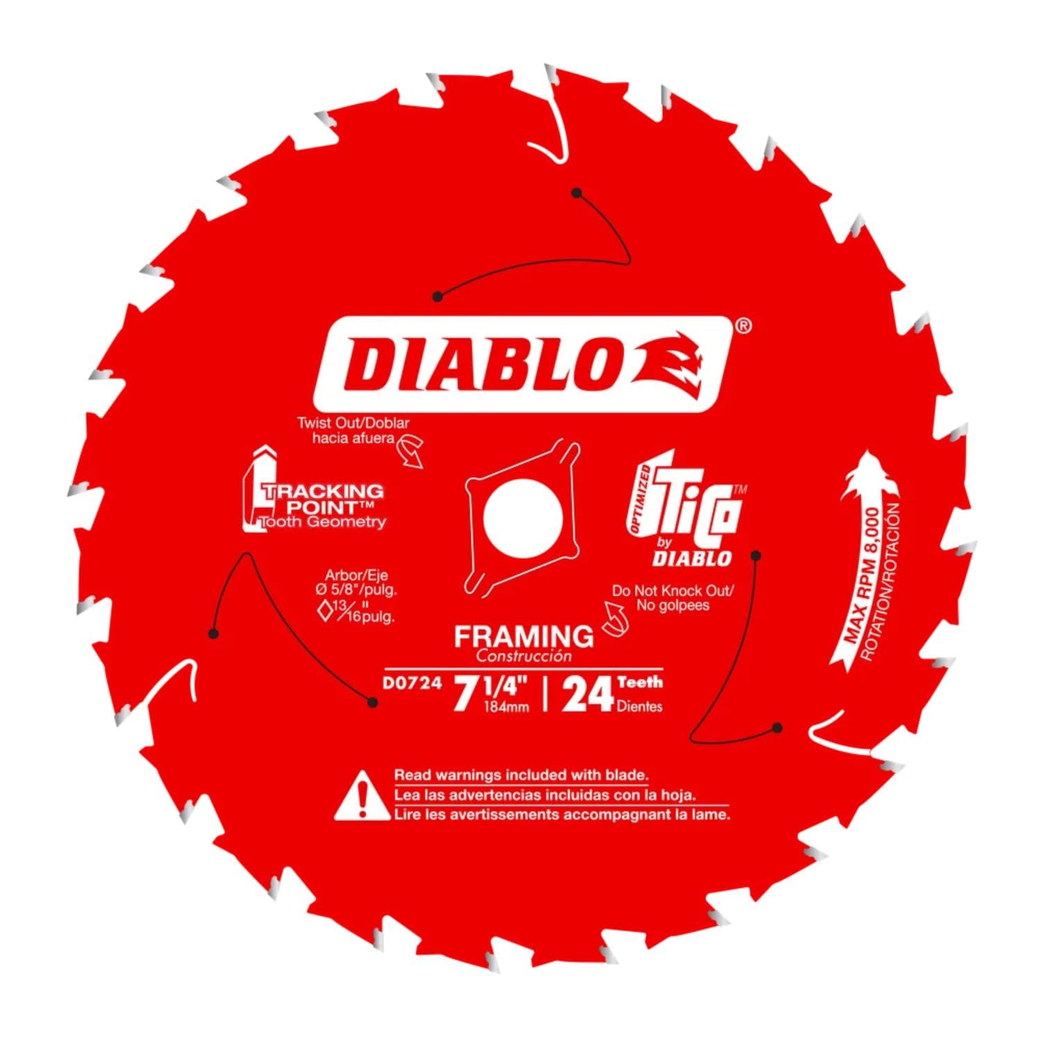 Hoja de sierra para marcos Diablo para madera - 7-1/4 de diámetro, 24 dientes ATB, eje de 5/8, corte de 0,059, ángulo de gancho de 15°, placa de 0,040, 8000 RPM máx. - D0724X