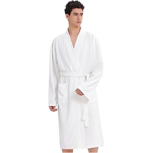 Mutenlc Mens Waffle Robe Spa Kimono Bathrobe Lightweight Shower Bath Robe Knee-Length Hotel Spa Robe