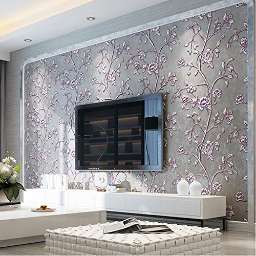 QIHANG Modern Simple 3D Thick Non-woven Embossed Tree Flowers Pattern Living Room Wallpaper Roll Purple&gray Color 1.73' x 32.8'=57 square feet