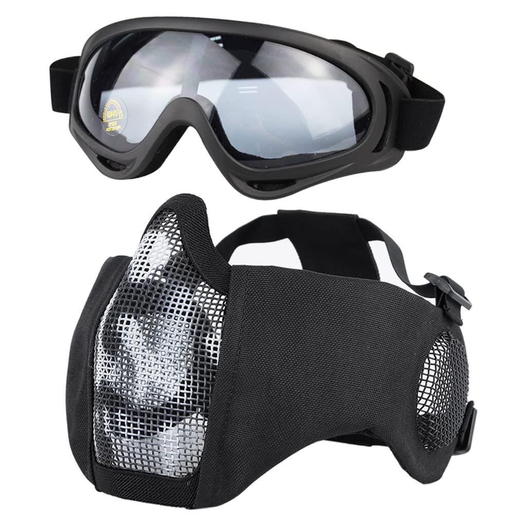 Hodeacc Airsoft Mask and Goggles Set,Half Face Metal Mesh Mask with Ear Protection,Airsoft Glasses Eye Protection for Outdoor Hunting CS Game (WB Mask)