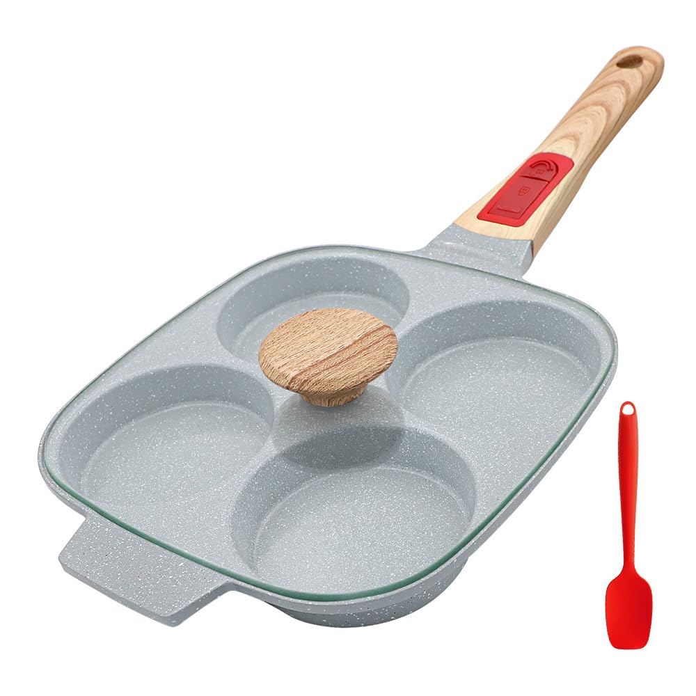 RANX INGST Egg Pan with Lid, Non Stick Ceramic Coating, 4 Cup Pancake Pan with Detachable Handle Burger Pan for Breakfast - Blue