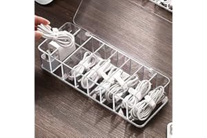 BUBYVV Data Cable Organizer Box,Clear Electronics Organizer Boxes,Plastic Cable Management Box with 10 Wire Ties, 8 Capacity Acrylic Charger Organizer, Electronics Organizer for Office (with Lid)