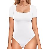 MANGOPOP Women Square Neck Short Sleeve Bodysuit Double Lined Thong Body Suits Shirts Basic Top