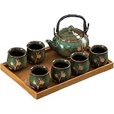KEYDUACU Japanese Tea Set, Kiln-Formed Ceramic Tea Set, Plum Blossom Embossed, Includes 1 Teapot, 6 Teacups,Tea Tray,Strainer, Used for home, outdoor, gift, Chinese Kung Fu Tea Set(FDMH-GREEN)