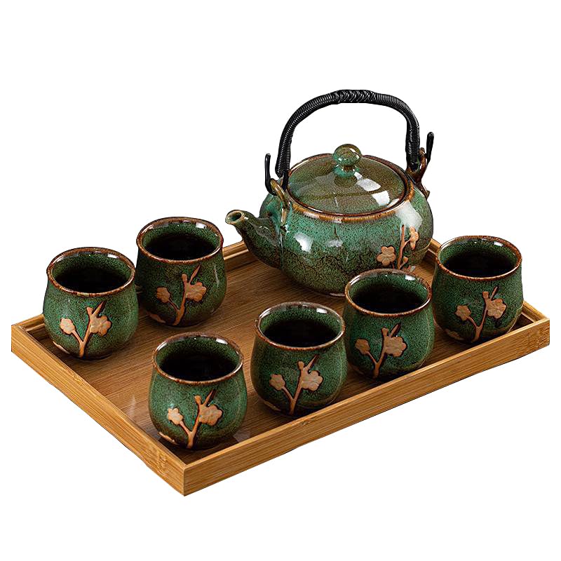 Photo 1 of KEYDUACU Japanese Tea Set, Kiln-Formed Ceramic Tea Set, Plum Blossom Embossed, Includes 1 Teapot, 6 Teacups,Tea Tray,Strainer, Used for home, outdoor, gift, Chinese Kung Fu Tea Set(FDMH-GREEN)