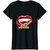 Womens Aries Girl Juicy Lips Gold Chain Astrology Zodiac sign T-Shirt