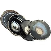 Sisamn Black Agate Slices Bulk Geode Coasters Set of 4 with Rubber Bumpers - Unique 3-4 Inch Dyed Stone Drink Crystal Coasters for Home Decor, Coffee Table, Bar Accessories