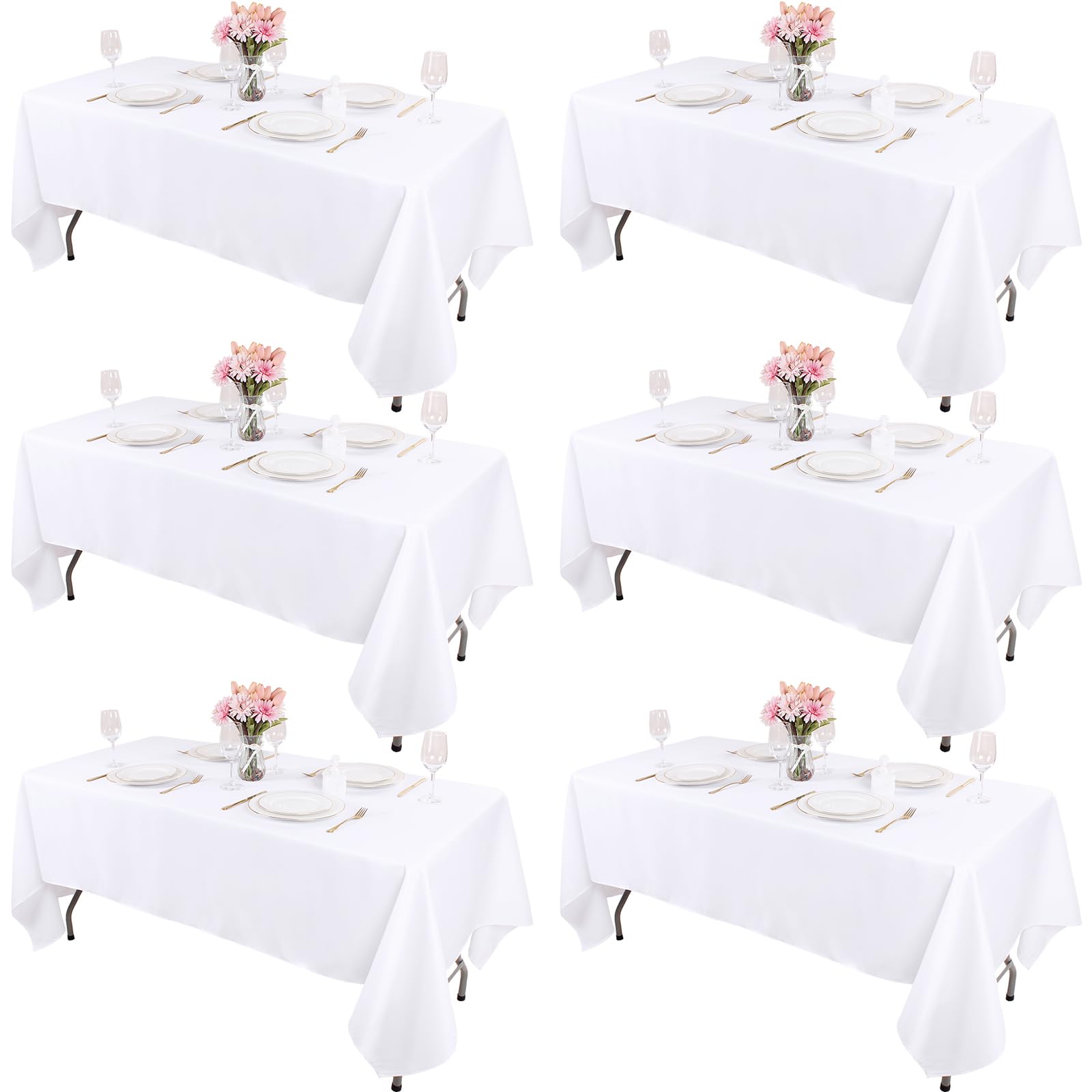 Photo 1 of Kesfey 6 Packs White Table Cloths Rectangle 60 x102 inch High Density Washable Polyester Fabric White Tablecloths for 6 Foot Tables Rectangle Wrinkle Resistant Tablecloth for Parties Wedding Banquet
