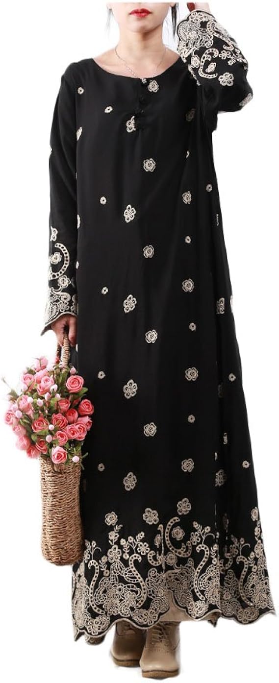 Amazon Lzjnレディースロングドレス花刺繍カジュアルルーズマキシドレス ワンピース チュニック 通販