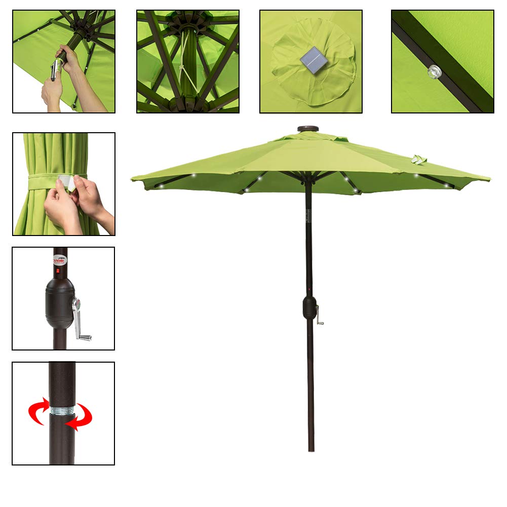 Sundale Outdoor 7 Ft Solar Powered 24 Led Lighted Patio Umbrella Table Market Umbrella With Crank And Push Button Tilt For Garden Deck Backyard Pool 8 Steel Ribs Polyester Canopy Apple Green