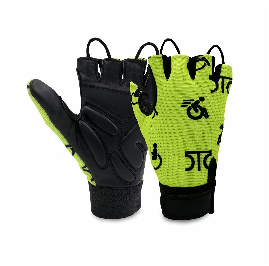 D.C.T Wheelchair Gloves Real Leather Palm Gloves Mobility Padded Gloves Breathable, Fingerless Bike Gloves with Anti-Slip Grip Lightweight Cycling Gloves (Green, L/XL)