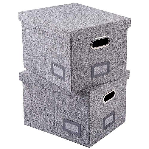 File Storage Organizer Box, 2 Pcs Collapsible Linen Office Filling Boxes for Letters Legal Files and Hanging File Folders