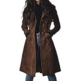 Womens Faux Suede Jacket Single Breasted Long Trench Coat Lapel Slim Work Office Pea Coats Fall Winter Overcoat