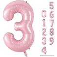 Pastel Pink Number 3 Balloon, 40 Inch Giant Pearl Light Pink Helium Foil Number 0-9 for Girls, Self Inflating 3rd Birthday Balloon for Women Anniversary Baby Shower Princess Party Decorations Supplies