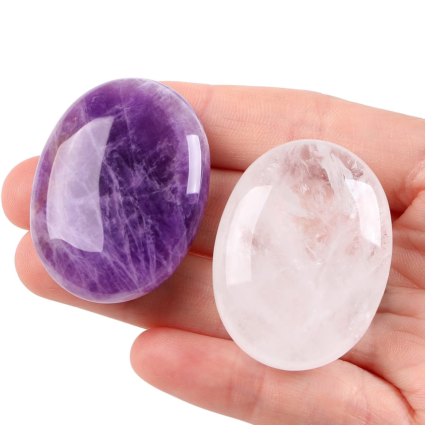 XIANNVXI 2Pcs Oval Stones Healing Crystals Stones Amethyst Clear Quartz Gemstones Reiki Natural Polished Palm Pocket Crystal Stone