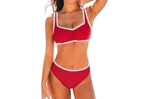 CUPSHE Women's Bikini Sets Sweetheart Neck Adjustable Wide Straps Swimsuit Stitching Bathing Suit Mid Rise