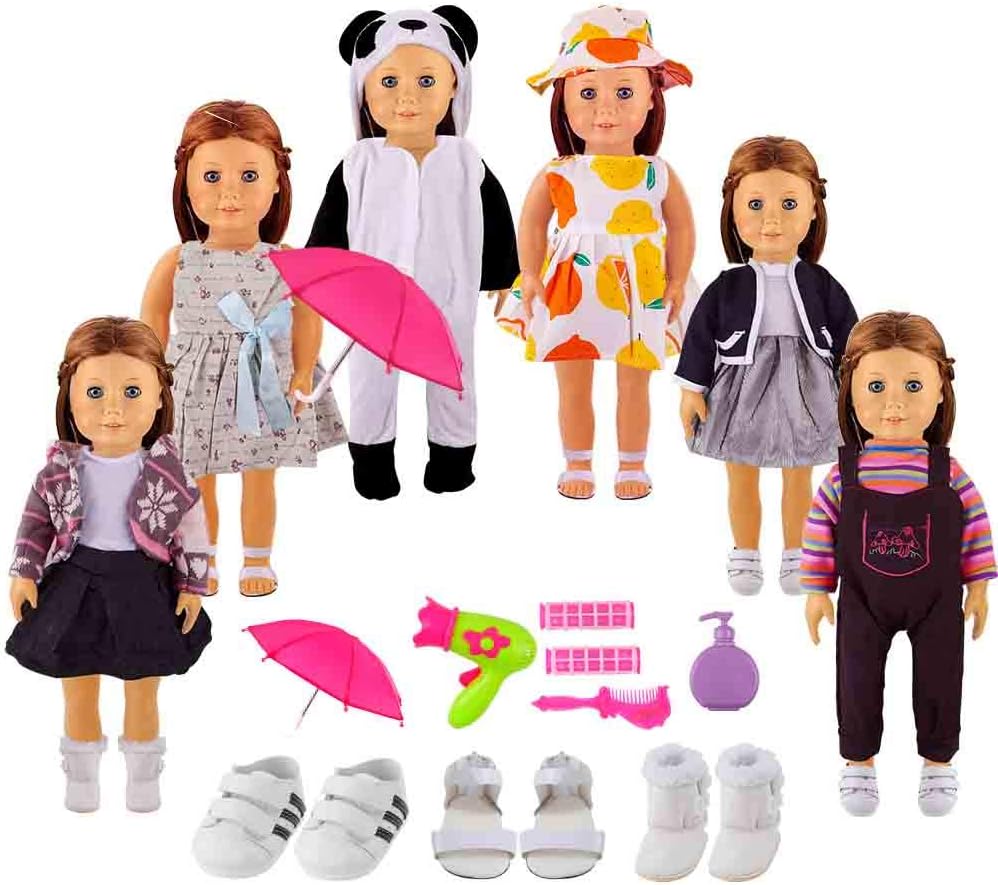 YIQIHAI 6 Sets 18 Inch American Doll Clothes and Accessories with3 Pairs Shoes, Umbrella and 1pc Makeover Combination Set, Great Creation Gift for Kids, Girls