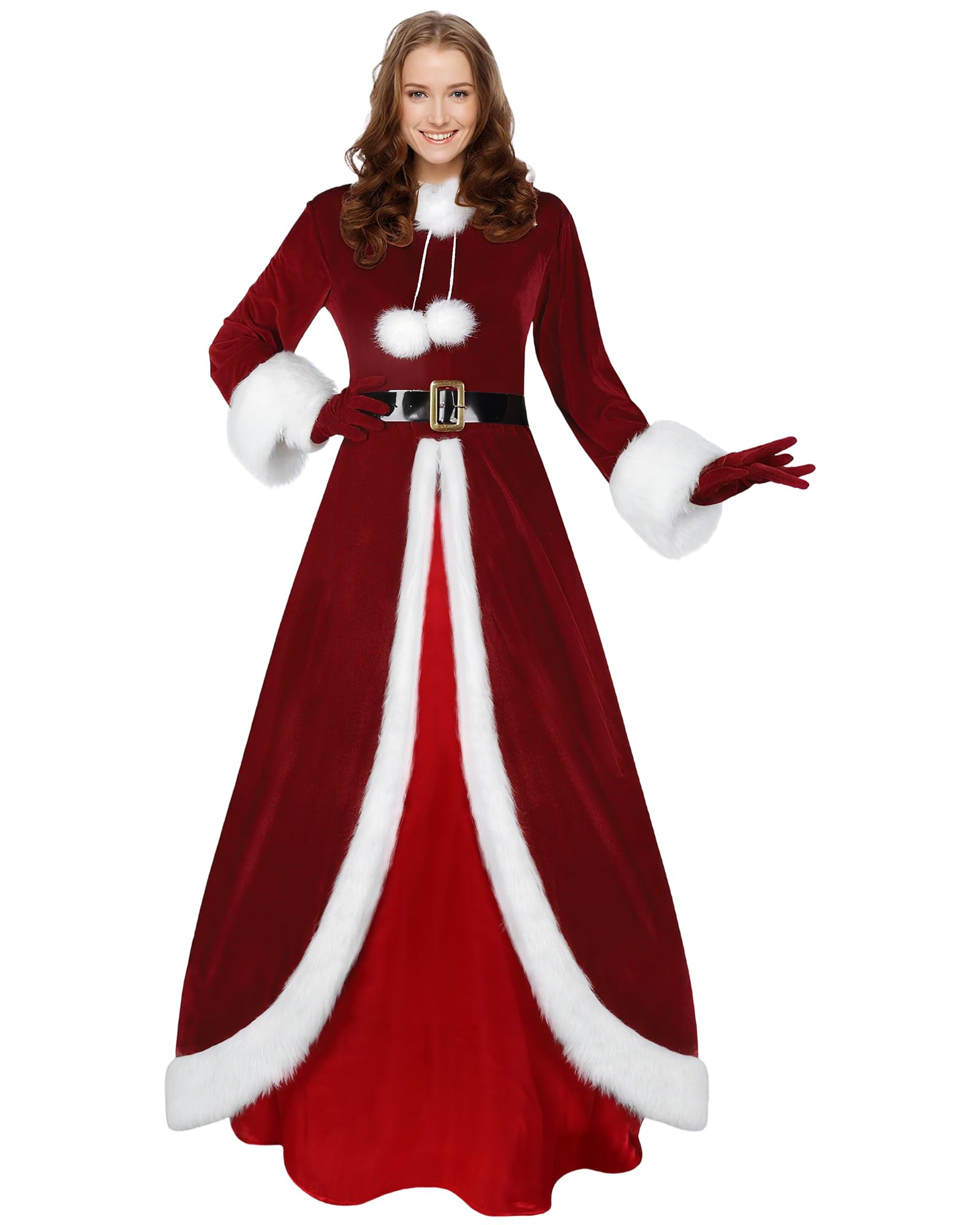 Photo 1 of Haysandy Mrs Claus Costume Women Christmas Claus Costume Santa Dress Velvet Hooded Xmas Cosplay Outfit with Gloves(Maroon,Medium)