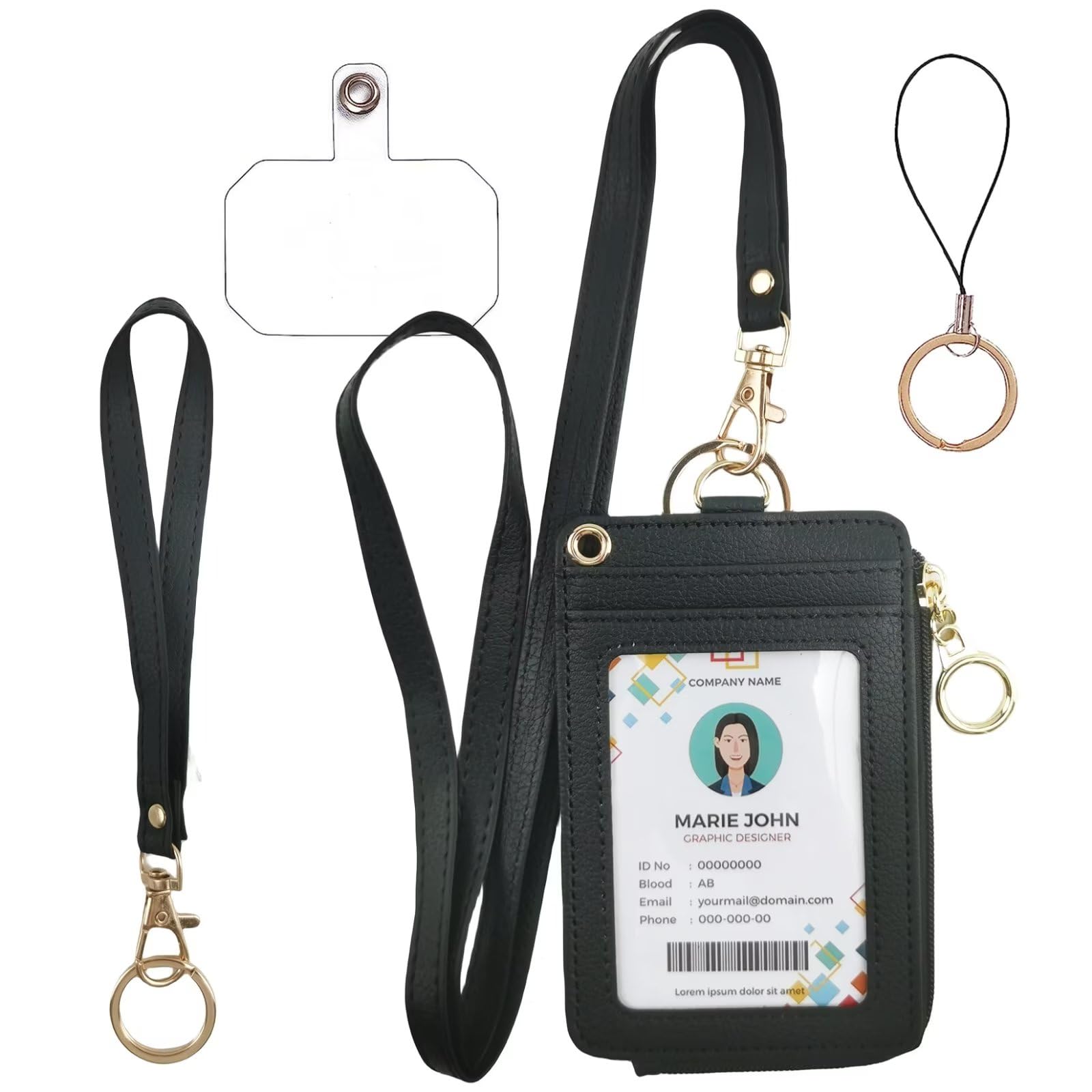 Black Lanyards for Id Badges, Pu Leather ID Badge Card Holder Wallet with 1 Clear ID Window, 4 Credit Card Slots, 1 Side Zipper Pocket,Detachable Wrist Strap, Neck Lanyard,Phone Holder, Ring Keychain