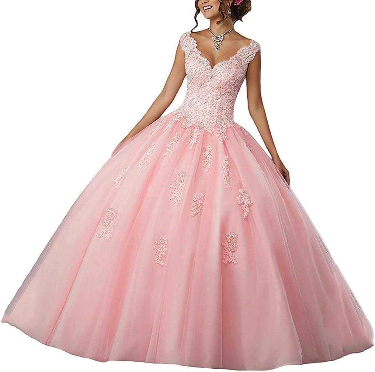 HEAR Women's V Neck Ball Gown Long Quinceanera Dress Tulle Appliques Beading Prom Dresses Hear261