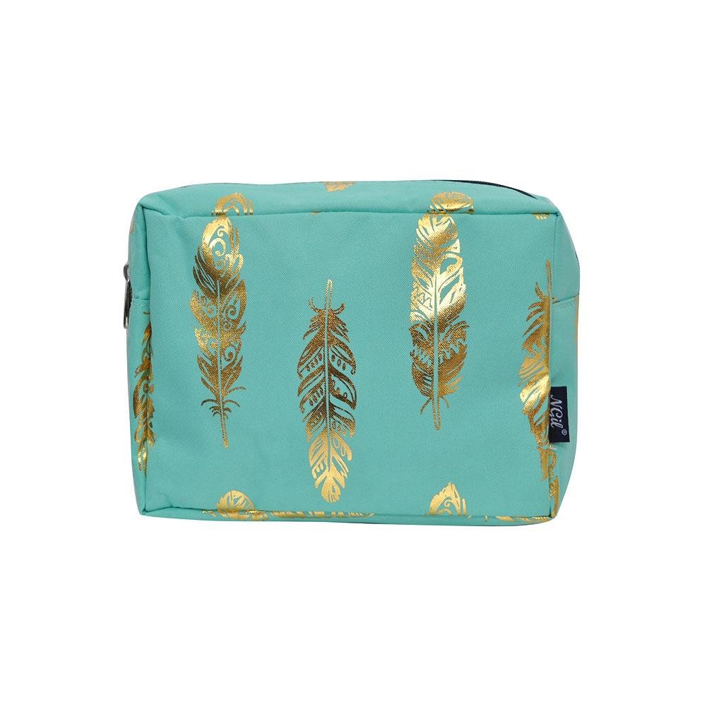 N. Gil Large Travel Cosmetic Pouch Bag 3 (2017 Fall New Pattern) (Gold Feather Mint)
