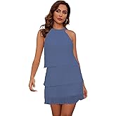 sabrilila Sexy Summer Halter Dresses for Women Sleeveless Ruffle Tiered Layered Chiffon Mini Dress A-Line Flowy Wedding Dress