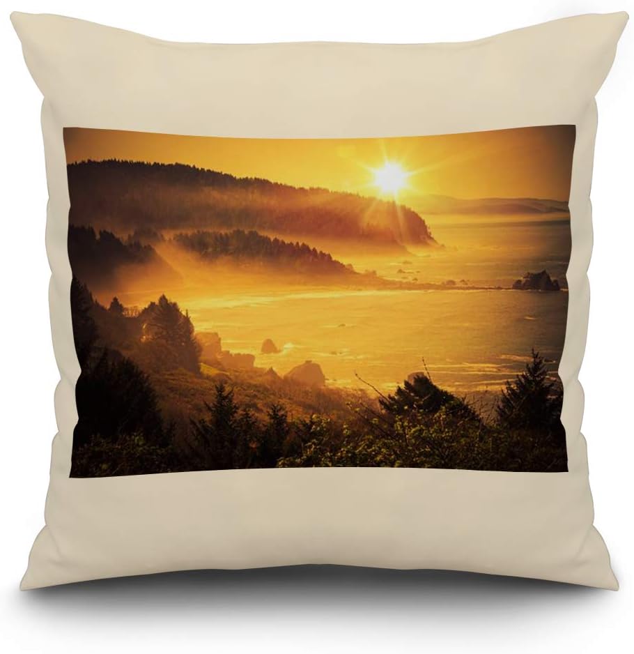 Lantern Press Golden California Coastal Sunset with Misty Fog 9016032 (16x16 Spun Polyester Pillow, White Border)