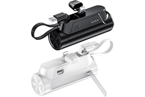 ABNOYS [2 Pack] Portable-Charger-Power-Bank - 8000mAh Small Portable Phone Charger 5V3.1A Fast Charger Built-in Type-C Cable and Phone Holder Cute Battery Pack for iPhone and Android Phone(Black and White)