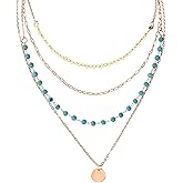 Mikovivi 4pcs Gold-Colored Boho Stackable Necklaces for Women, Boho Turquoise Western Coin Pendant Chain Trendy Dainty Multi-Layer Necklaces for Beach Jewelry Accessories Gifts