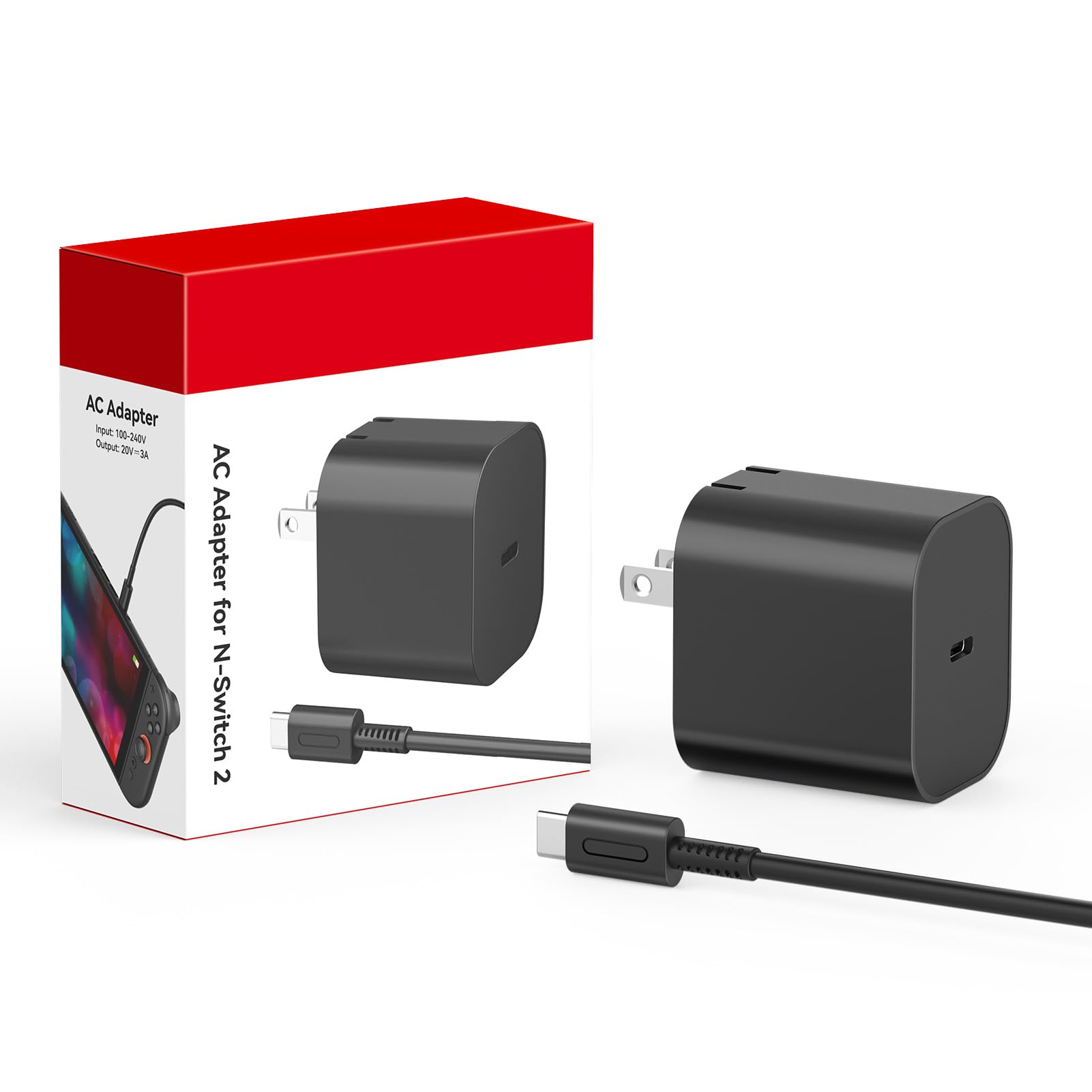 Charger for Nintendo Switch 2-20V 3A 60W AC Adapter Fast Charging with 10FT USB C Cable - Compatible with Switch/OLED/Lite/Steam Deck, Support 4K TV Mode, Foldable Plug