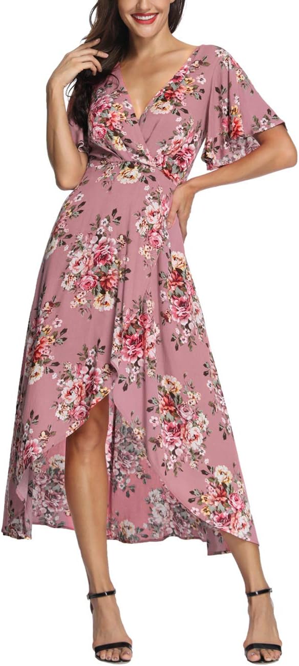 Azalosie Wrap Maxi Dress Short Sleeve V Neck Floral Flowy Front Slit High Low Women Summer Beach Party Wedding Dress