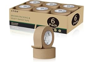 EFOK 6 Rolls Brown Packing Tape 2 Inch Bulk, 2025 Upgrade Kraft Paper Packaging Tape, 2 Inch x 55 Yards, Cardboard Shipping for Packing Boxes, Tear by Hand for Express Parcels & Office Use