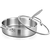Inqibee Tri-Ply 6 Quarts Stainless Steel Sauté Pan with Lid,12 Inch Induction Deep Frying Pan,Large Skillet,Jumbo Cooker,Dishwasher and Oven Safe,Detachable Handle.