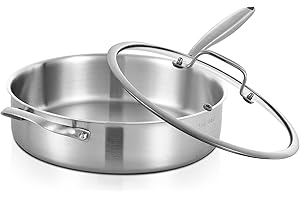 Inqibee Tri-Ply 6 Quarts Stainless Steel Sauté Pan with Lid,12 Inch Induction Deep Frying Pan,Large Skillet,Jumbo Cooker,Dish