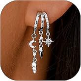 Chihayafuji Dangle Earrings for Women 14k Gold Plated Triple Illusion Huggie Hoop Earrings Gothic Cute Moon Star Chain Drop Earring Dainty Statement Stud Women Jewelry