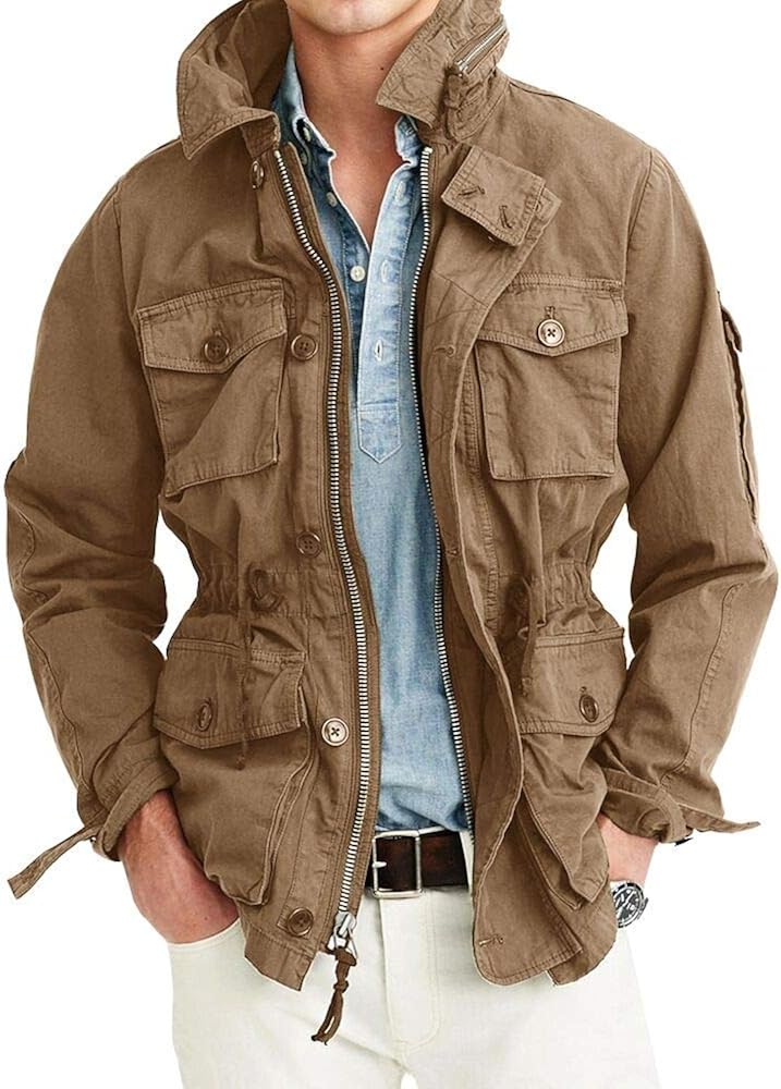 Karlywindow Mens Military Jackets Casual Cotton Safari Jacket Outdoor