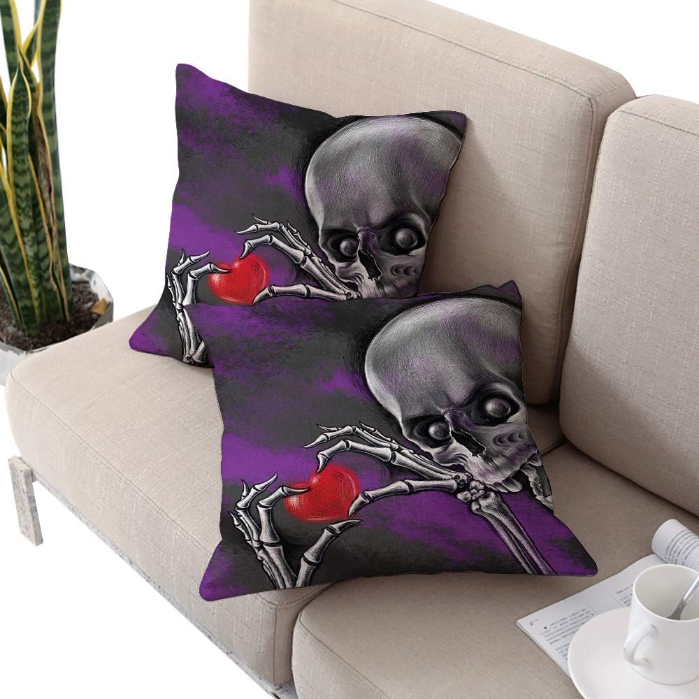 Alexandear Skull Square seat Cushion Cover,Spooky and Scary Skeleton Eternal Love Valentines Symbol Heart in its Boned Skull Hands Multi W18 xL18 2pcs Cushion Cases Pillowcases for Sofa Bedroom Car
