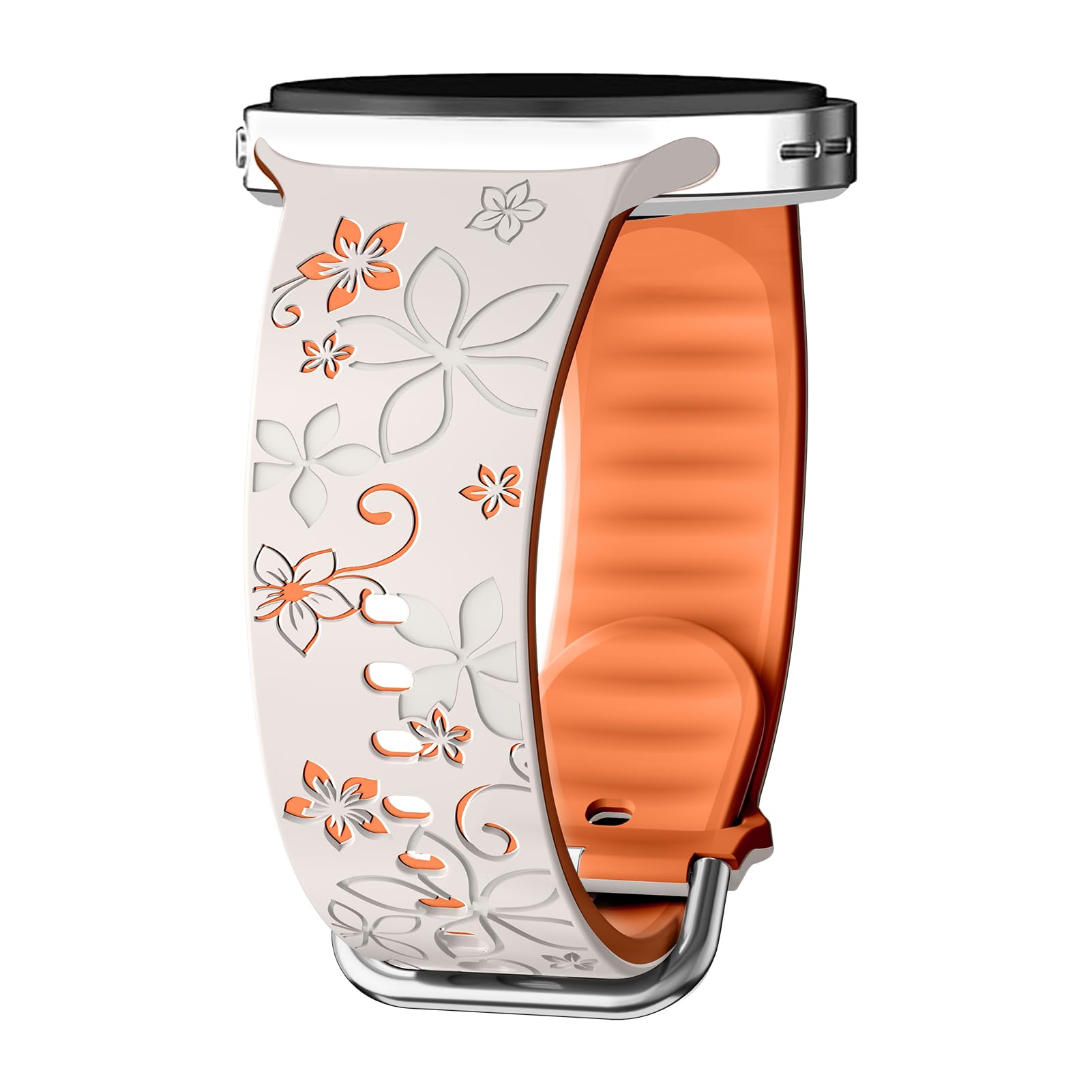 Flower Engraved Band Compatible for Samsung Galaxy Watch 8 Band 40mm 44mm/Watch 8 Classic 46mm Women,No Gap Silicone Cute Floral Strap Wristband Two-Tone Correa for Samsung Watch 8 Bands 40 44 mm