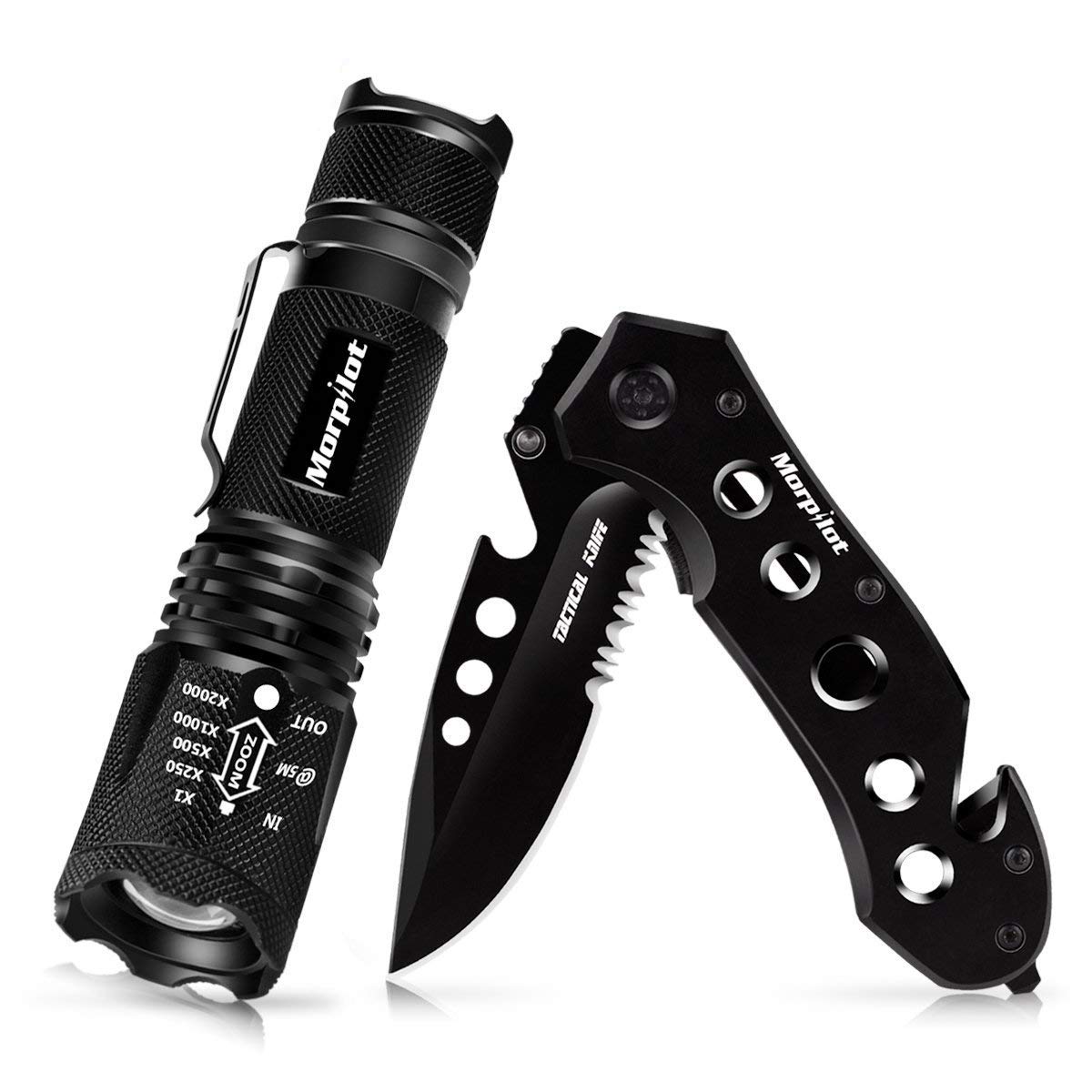 Multitool Knife & Flashlight Set Morpilot 5 in 1 Multi-Purpose Pocket Knife, 500LM 5Modes Portable Handheld Flashlight for Camping Hunting Backpacking Fishing Outdoor Survial,Ideal for gift
