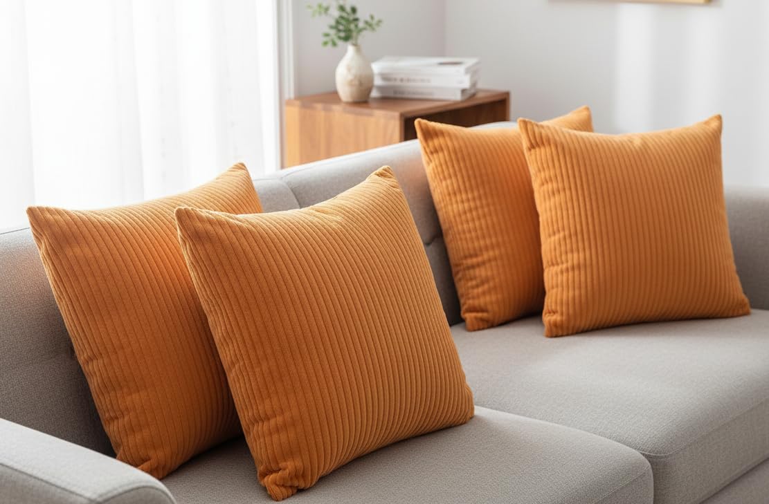 Seechoo Corduroy Cushion Covers, Set of 4, 40 x 40 cm, Plain Soft Striped, Assorted Colours (Orange)