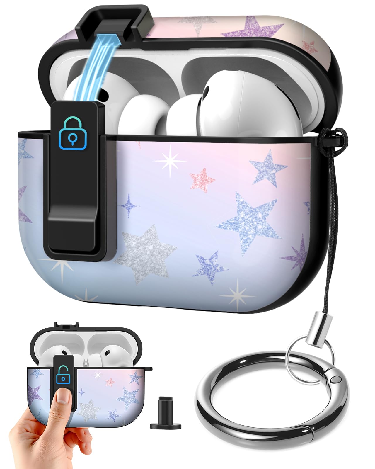 Photo 1 of Joyleop for Airpods Pro 3 Case - with Safety Lock Cute Women Girl Girly Asethetic Pretty Design Hard Shock Protective Cover with Keychain for Airpods Pro 3rd Gerneration 2025,Colorful Stars