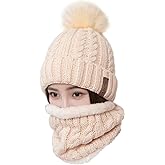 LCZTN Womens Pom Beanie Hat Scarf Set Girls Cute Winter Ski Hat Slouchy Knit Skull Cap with Fleece Lined