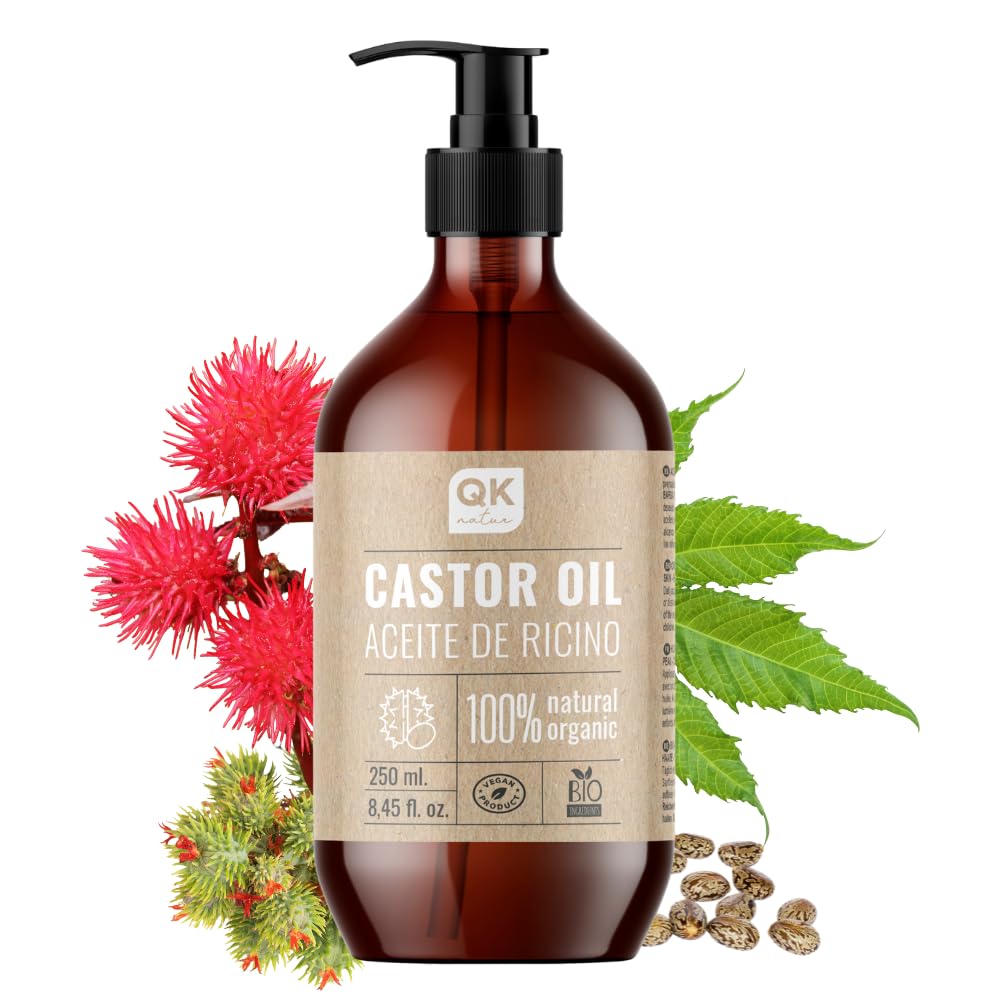 QKnatur - Castor Oil 250 ml Organic - for Hair, Skin, Eyelashes, Eyebrows, Beard and Nails - 100% Pure - Cold Pressed - Nourishes and Strengthens