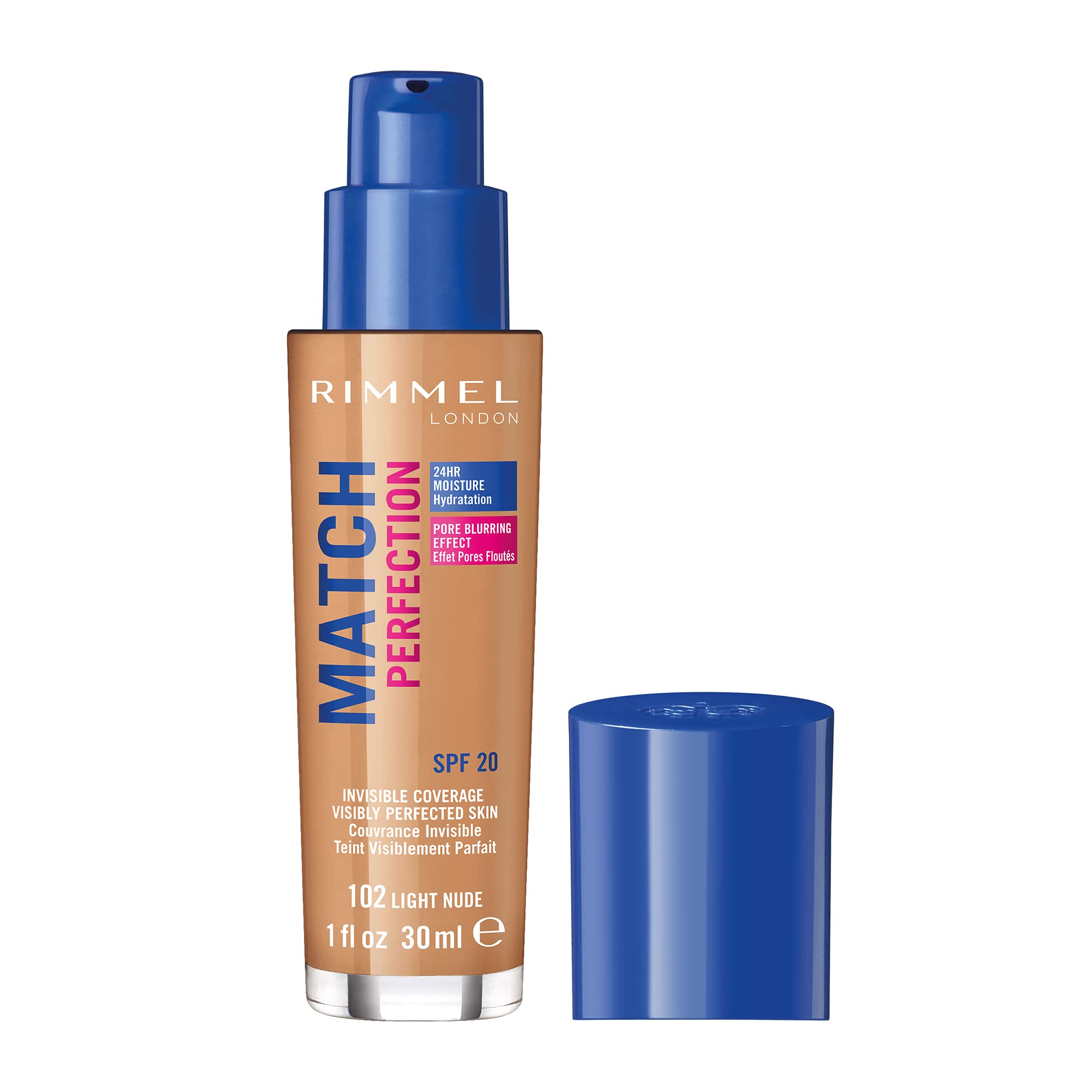 Rimmel Match Perfection Foundation 102 Light Nude, Medium Coverage, 24hr Hydration, No Caking or Creasing, Lightweight, Reduces Imperfections, Invisible Coverage, SPF20, Cruelty Free
