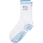 floconssy Pilates Socks for Women, Grip Yoga Crew Cute Socks Gifts for Women Non Slip for Barre Workout with Embroidery